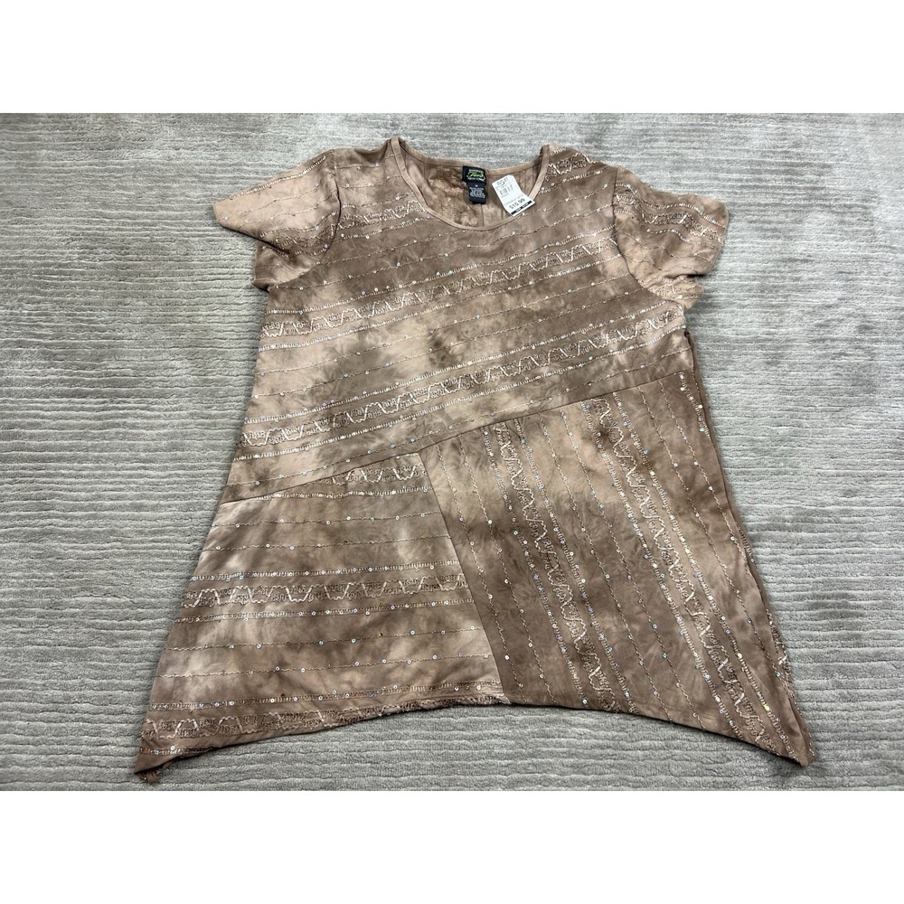 Shannon Ford New York Top Womens 1X Brown Sequin Short Sleeve Y2K Casual